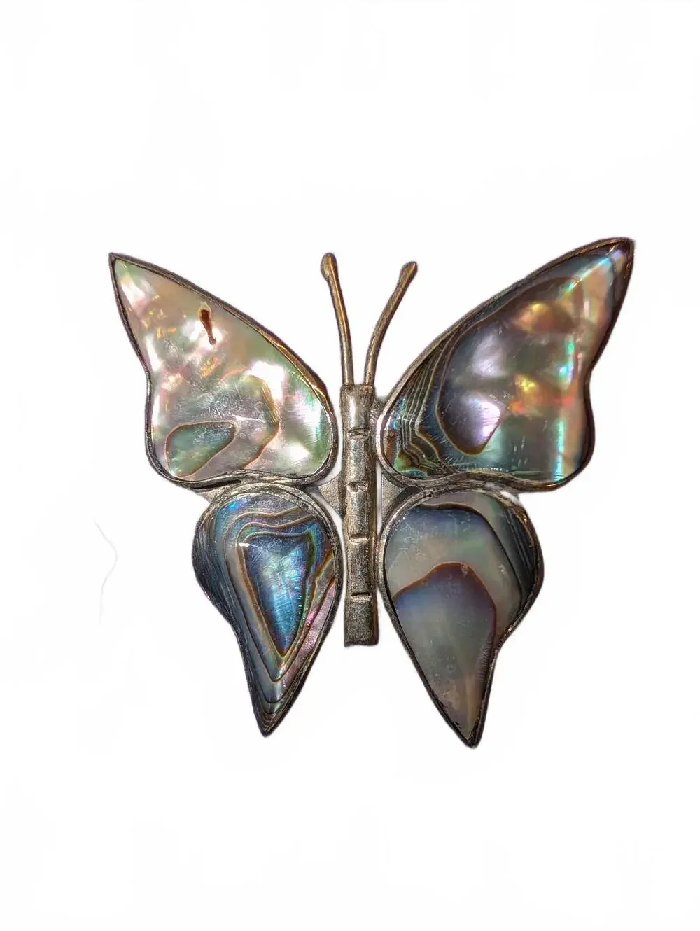 Vintage Alpaca Mexico Butterfly Brooch with Abalone Shell Inlay